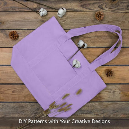 TOPDesign 6-Pack Canvas Tote Bags with an External Pocket, Reusable Grocery Shopping Bags, Top Zipper Closure, Daily Essentials (Lavender)
