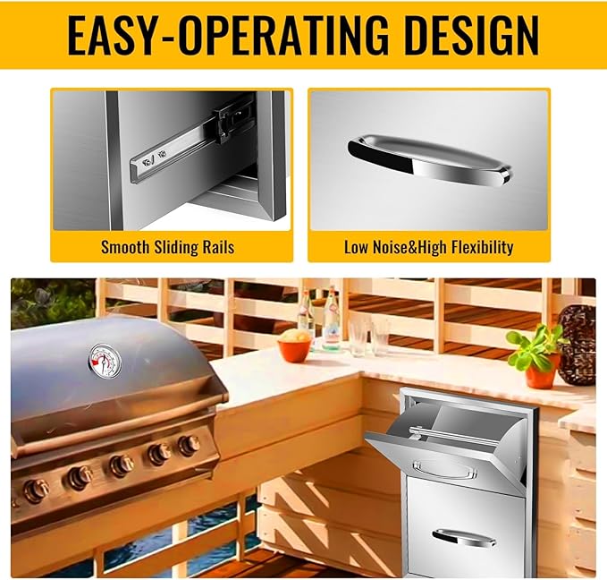 Pull Out Trash Drawer, Lower Sliding Rails Stainless Steel Roll Out Trash Bin Pull Out Tray With Handle For Outdoor Kitchen BBQ Island Grill Station,Double Drawers