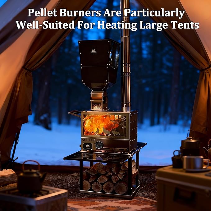 M8 Pellet Stove with Pellet Burner/Oven/Base - Portable Stainless Steel IGT Hot Tent Stove, Includes 6 Chimney Pipes for Camping, Tents, Cooking & Travel, Rose Gold
