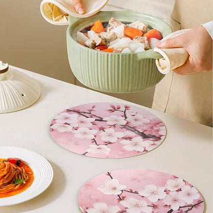 Round PU Leather Placemats Set of 4,Pink Cherry Blossoms Flowers Ding Round Table Placemat Easy to Clean Heat-Resistant Waterproof Non-Slip Place Mats for Party Coffee Bar,13inch