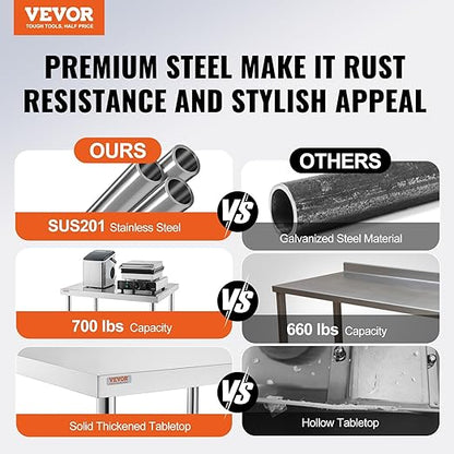 VEVOR Stainless Steel Work Table 30 x 12 x 34 Inch, 700 LBS Load Capacity with 4 Wheels, 3 Adjustable Height Levels, Heavy Duty Food Prep Worktable for Commercial Kitchen Restaurant, Silver