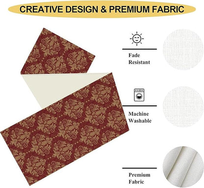 Red Damask Table Runner, Rustic Gothic Baroque Style Floral Boho Flower Antique Coffee Vintage Retro Table Center Decor for Kitchen and Dining Outdoor Home Country Party Table Decorations, 13"x36"