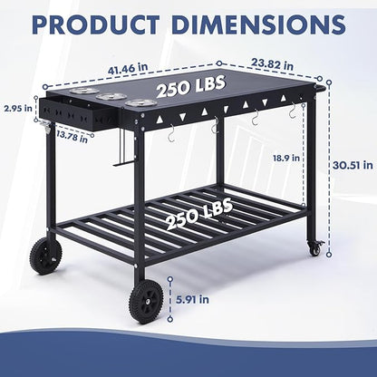 Portable Outdoor Grill Table with Wheels, Heavy-Duty Griddle Stand Grill Cart with Shelves,Towel Holder, Spice Pots & Bottle Opener, Multi-Functional BBQ Prep Station & Utility Cart