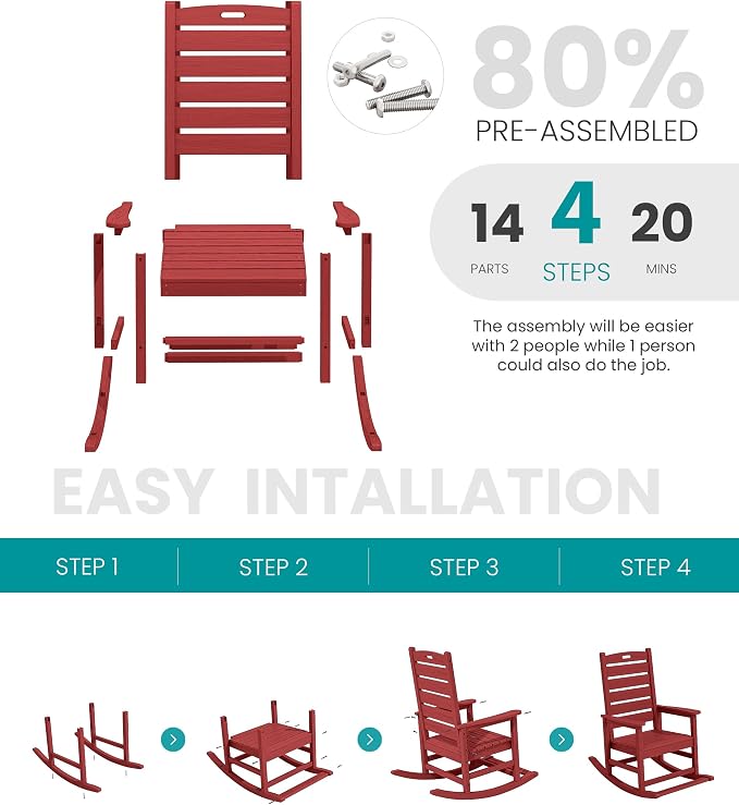 SERWALL Outdoor Rocking Chair Set of 4, Oversized HDPE Rocker, All Weather - Image 5
