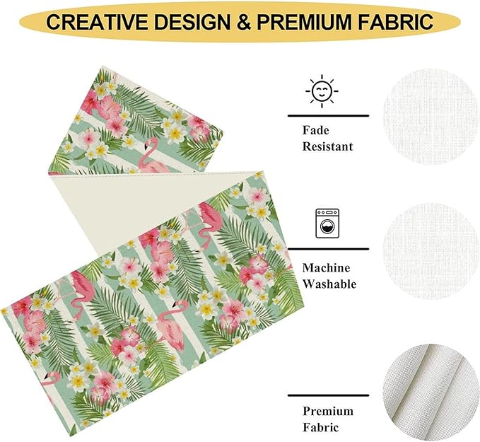 Tropical Flamingo Table Runner,Green White Stripes Palm Leaves Floral Hawaii Seasonal Holiday Celebration Kitchen Dining Table Decoration for Home Party Decor, 13"x72"
