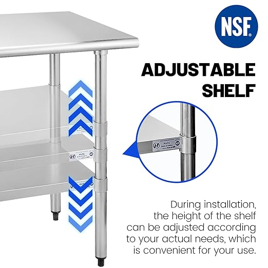 Hally Stainless Steel Table for Prep & Work 30 x 48 Inches, NSF Commercial Heavy Duty Table with Undershelf and Galvanized Legs for Restaurant, Home and Hotel
