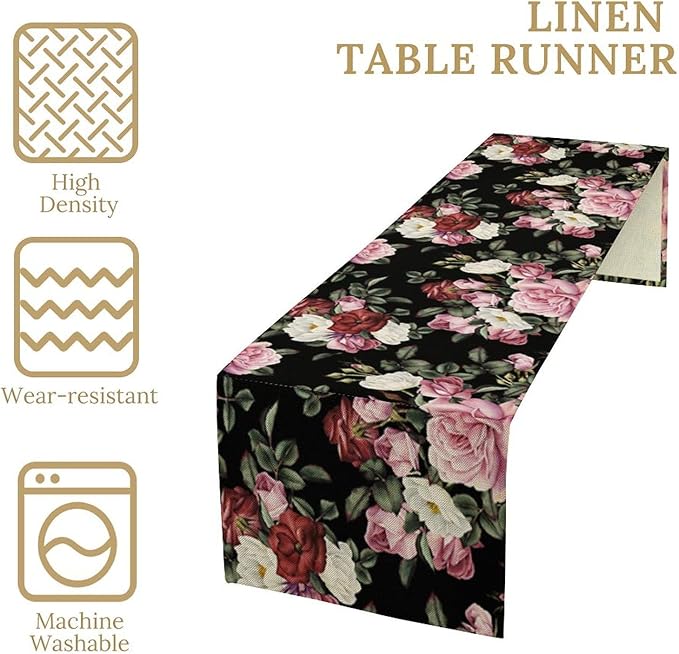 Gothic Floral Table Runner,Vintage Pink Red Rose Flower Print Table Runner for Kitchen Dining Table Indoor Outdoor Home Party Decor,Black 13x60in