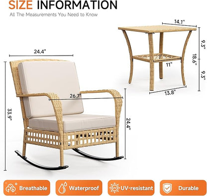 DECMICO Outdoor Rocking Chair Set, 3-Piece Wicker Patio Furniture | Elegant - Image 2