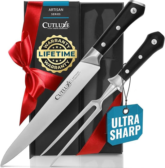 Cutluxe Turkey Carving Knife Set – Carving Fork & Knife for Meat, BBQ, Brisket – Razor Sharp Premium German Steel Full Tang, Ergonomic Handle, Grilling Gifts for Men – Artisan Series