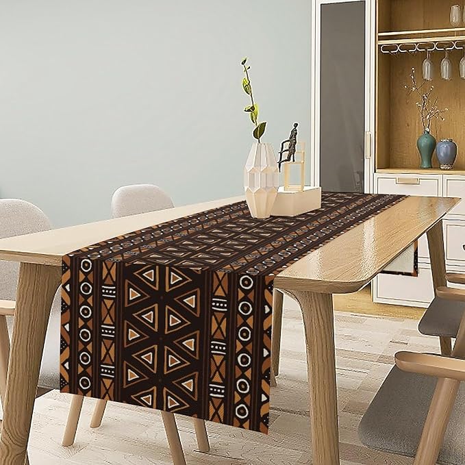 African Table Runner, Geometric Motifs Southwestern Native Tribal Ethnic Table Runner for Dining Kitchen Farmhouse Party Coffee Home 13x60in