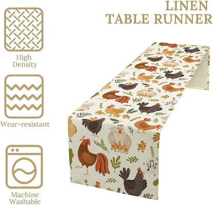 Cute Roosters Chickens Table Runners, Rustic Farm Animals Hen Table Runner for Farmhouse Wedding Coffee Dining Table Party Home 13x60in