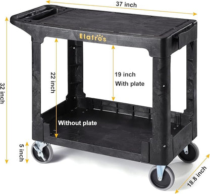 ELAFROS Heavy Duty Plastic Utility Cart, 37 x 18.8 in, Flat Top, Swivel Wheels, 550 lbs Capacity, Black