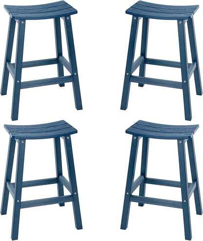 Weatherproof Bar Stools Set of 4, 28" Height Outdoor Bar Stools Holds up to 400 lbs, Saddle Seat, Bar Height Stools for Patio, Garden, and Kitchen Island, Blue