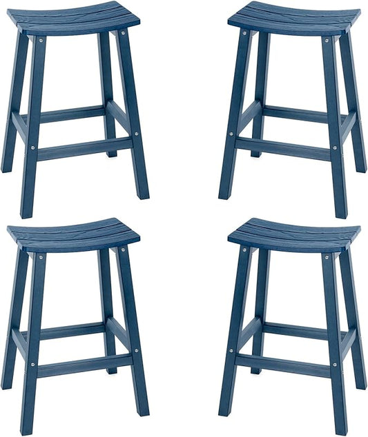 Weatherproof Bar Stools Set of 4, 28" Height Outdoor Bar Stools Holds up to 400 lbs, Saddle Seat, Bar Height Stools for Patio, Garden, and Kitchen Island, Blue