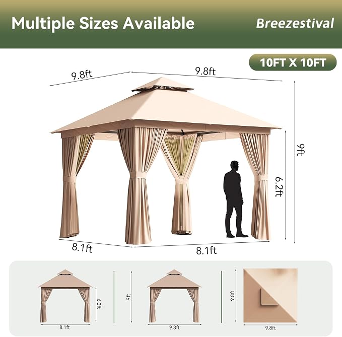 10'x10' Gazebo with Light, Outdoor Gazebo with Double Roofs | Metal Frame Canopy - Image 2