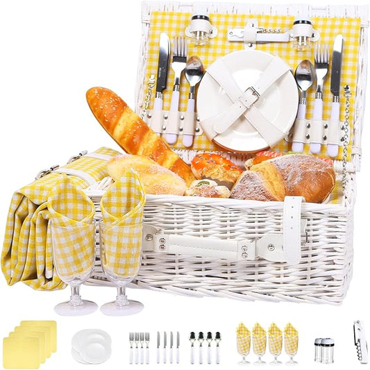 Neti Neti Wicker Picnic Basket for 4 with Insulated Cooler & Waterproof Blanket – Large Willow Picnic Hamper for Outdoor, Camping, Beach, Romantic Dates, Valentine’s Day