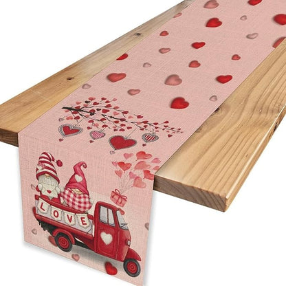 Valentines Day Table Runner,Pink Red Heart Gnomes Truck Balloon Valentines Runner for Table Seasonal Cute Decor for Indoor Outdoor Dining Table Decorations, 13"x72"