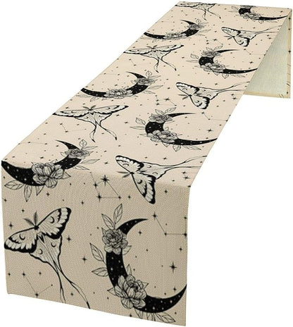 Boho Moth Table Runner,Retro Flower Moon Starlit Stars Butterfly Print Table Runner for Wedding Holiday Party Farmhouse Home Decor 13x90in