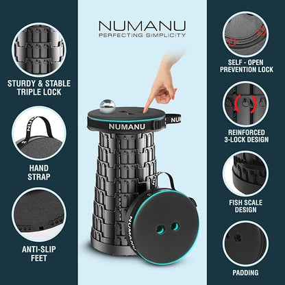 NUMANU 2PK 2025 Upgraded Padded Collapsible Stool, Max 620lb 18" Adjustable Portable Folding Stool for Adults, Retractable Foldable Telescopic Seat Camping Chair or Footrest (2PK Padded + Accessories)