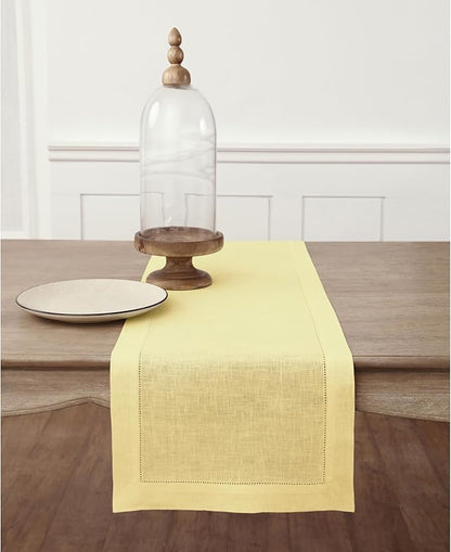 Solino Home Linen Yellow Table Runner 108 Inches Long - 100% Pure Linen 14 x 108 Inch Table Runner for Valentines, Spring, Easter - Classic Hemstitch