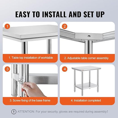 Mophorn Commercial Worktable & Workstation 24 x 30 x 32 Inch Stainless Steel Work Table Heavy Duty Commercial Food Prep Work Table for Home, Kitchen, Restaurant Metal Prep Table with Adjustable Feet