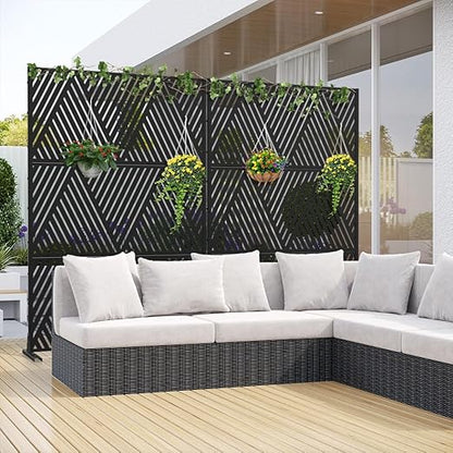 Casaphoria Metal Privacy Screen Outdoor, 72" H x 47" W Freestanding Decorative Privacy Screen for Patio Deck Balcony Garden with Stable Base, Black V Shape