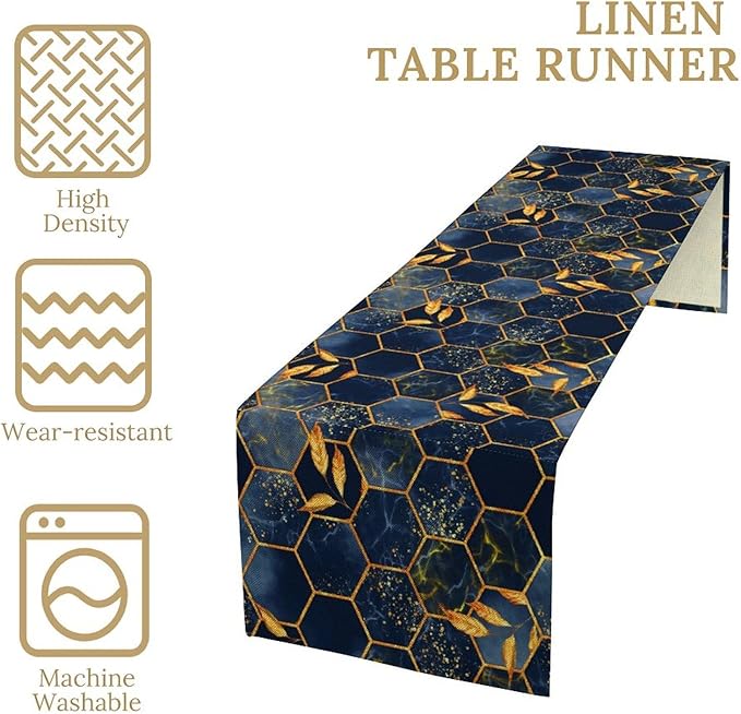 Marble Table Runner, Dark Blue Gold Modern Marble Leaf Aesthetic Geometric Table Runner for Indoor Home Living Room Party Dining Kitchen 13x90in