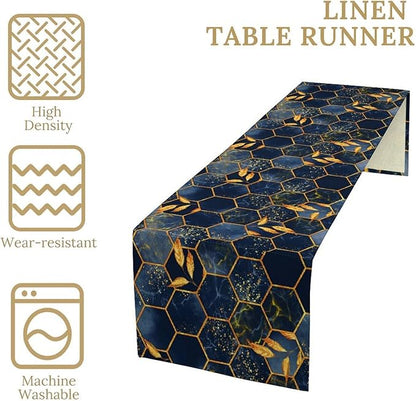 Marble Table Runner, Dark Blue Gold Modern Marble Leaf Aesthetic Geometric Table Runner for Indoor Home Living Room Party Dining Kitchen 13x108in