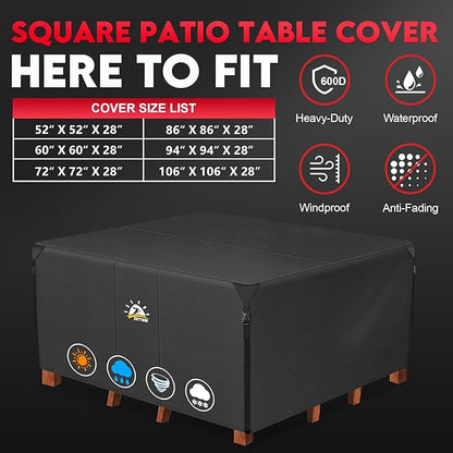 Zettum Patio Furniture Cover Square - 62 Inch Outdoor Table Cover Waterproof & Heavy Duty, 600D Lawn Furniture Set Covers for Outside Dining Table and Chairs Seating Combo - 62 x 62 x 28 Inch