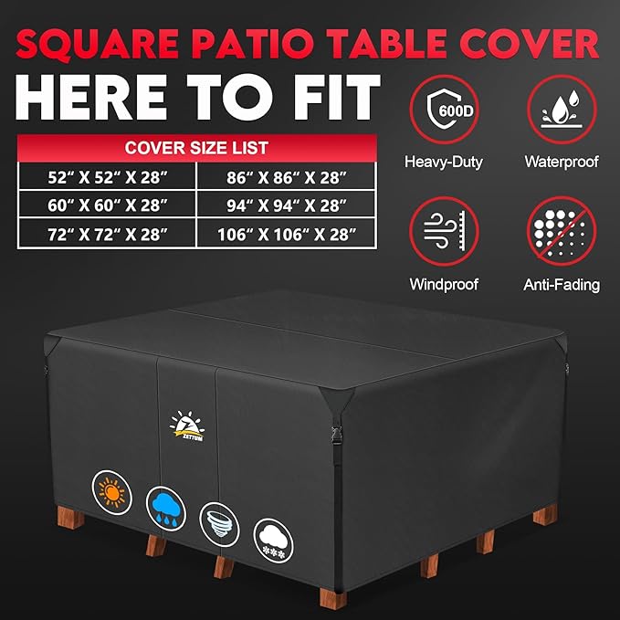 Zettum Patio Furniture Cover Square - 600D Outdoor Table Cover Waterproof & Heavy Duty, Extra Large Lawn Furniture Set Covers for Outside Dining Table and Chairs Seating Combo - 106 x 106 x 28 Inch