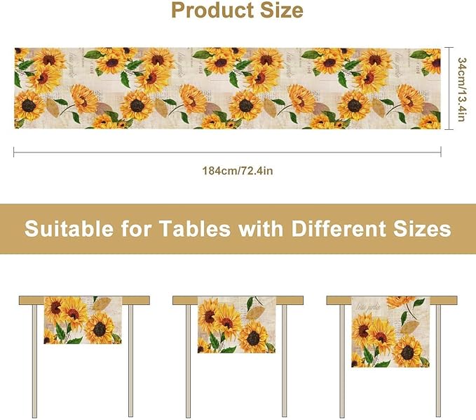 Sunflower Table Runner, Rustic Old Paper Seasonal Table Runner Farmhouse Kitchen Home Party Dining Room 13x120in