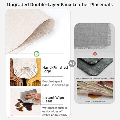 Faux Leather Placemats Set of 4 – 17x12 Inch Vinyl Table Mats, Heat Resistant, Non Slip, Wipeable & Washable, Easy to Clean Dining Table Decor for Kitchen & Dining Room（Ivory White）