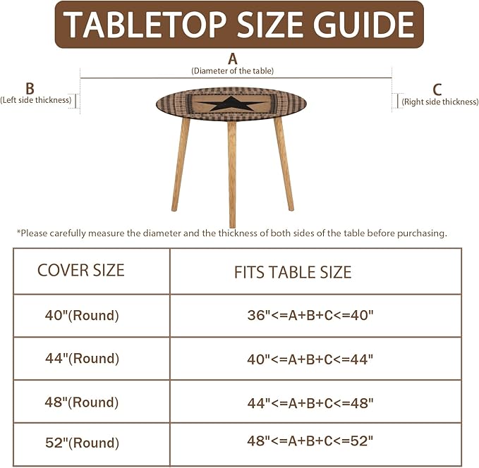 Western Texas Star Round Fitted Tablecloth with Elastic Vintage Black Brown Plaid Circle Table Cover for 48-52" Round Tables Stretch Waterproof Rustic Country Table Cloth for Kitchen Dining Patio