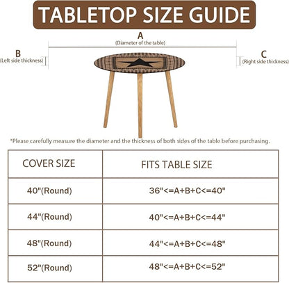 Western Texas Star Round Fitted Tablecloth with Elastic Vintage Black Brown Plaid Circle Table Cover for 48-52" Round Tables Stretch Waterproof Rustic Country Table Cloth for Kitchen Dining Patio