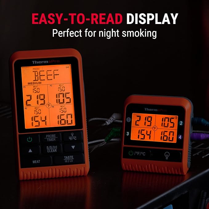 ThermoPro TP829 1000ft Wireless Meat Thermometer Digital for Grilling and Smoking, 4 Meat Probes Grill Thermometer for Outside Grill, BBQ Thermometer for Cooking Turkey Temperature Indicator