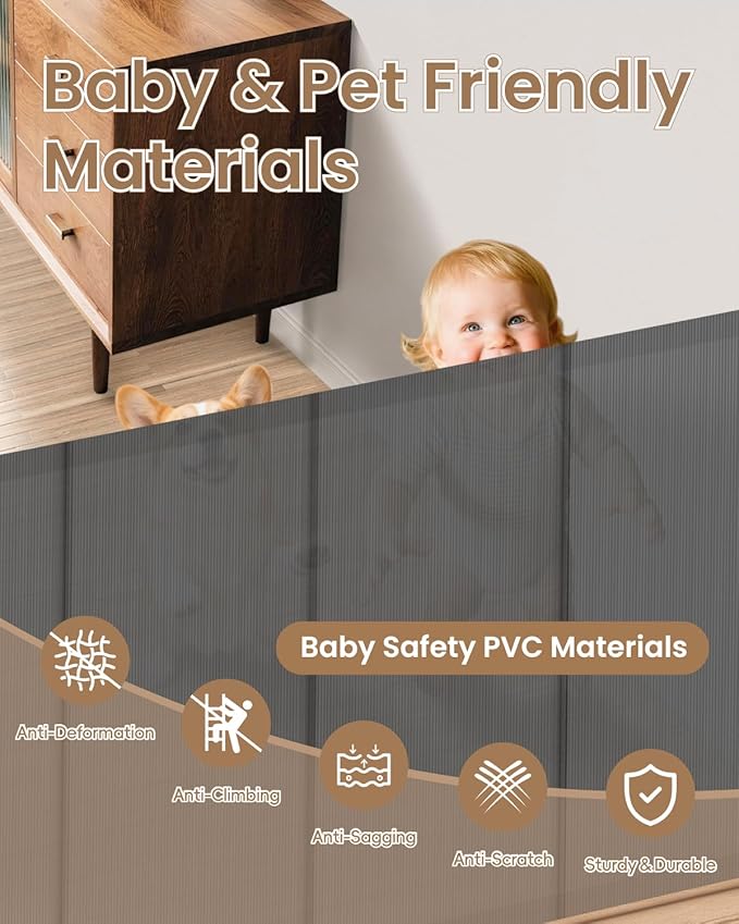 Retractable Baby Gate, 55" Wide Mesh Gate with 4 Reinforced Rods, Prevents Kids & Dogs from Crawling Under, 34" Tall Easy-to-Use Pet Gate for Stairs, Bedrooms, Hallways, Indoor/Outdoor, Gray
