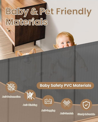 Retractable Baby Gate, 55" Wide Mesh Gate with 4 Reinforced Rods, Prevents Kids & Dogs from Crawling Under, 34" Tall Easy-to-Use Pet Gate for Stairs, Bedrooms, Hallways, Indoor/Outdoor, Gray