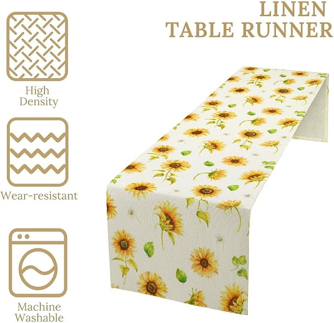 Yellow Sunflower Table Runner, Seasonal Spring Summer Flowers Table Decor for Kitchen Dining Room Coffee Holiday Kitchen Dining 13x70in