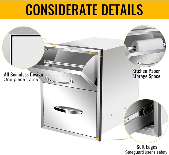 Outdoor Kitchen Drawers, Flush Mount Triple Access BBQ Drawers With Stainless Steel Handle, BBQ Island For BBQ Island Patio Grill Station,Double Drawers