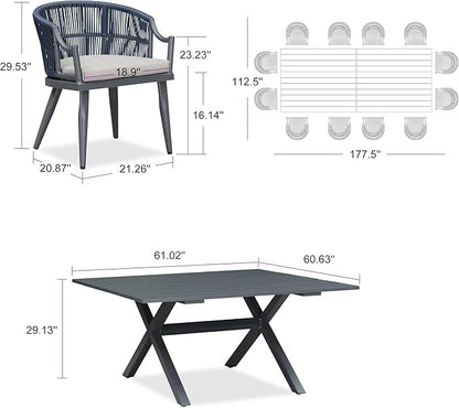 PURPLE LEAF 14 Pieces Outdoor Dining Set All Weather Wicker Patio Dining Set with Rectangular Aluminum Table and Modern Armrest Dining Chairs for Garden Deck Backyard Kitchen, Grey