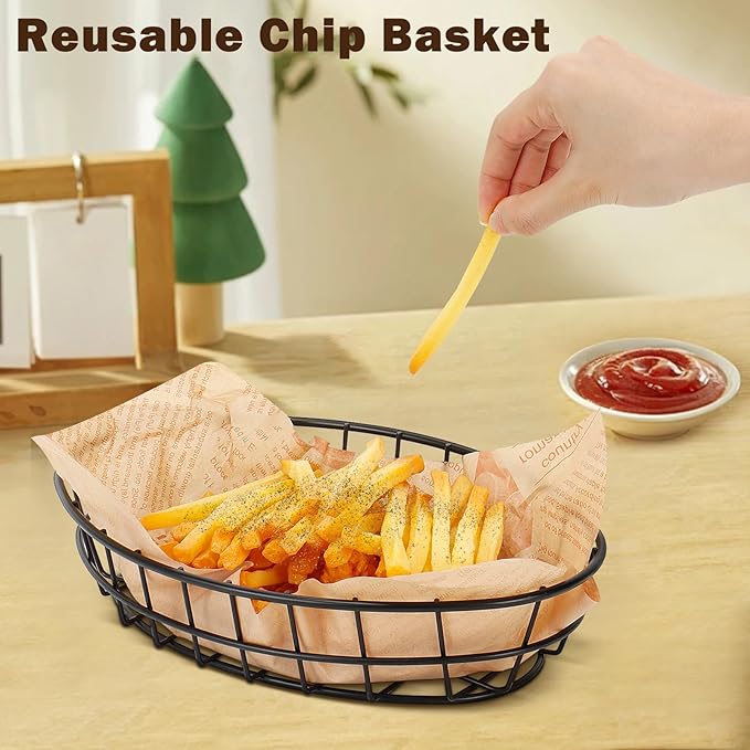 6 Pack Metal Fast Food Oval Baskets, Wire Bread Basket for Serving, Reusable Chip Burger Fruit Vegetables Bowl Storage for Kitchen Table, Restaurants, Snack Bar, 9.5" x 6.3" x 2"