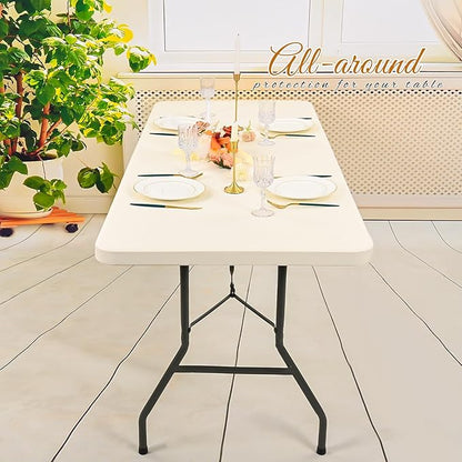 6 Pack Stretch Fabric Table Top Cap Cover, Ivory Table Covers fits 8Ft Tables, Washable Elastic Universal Rectangle Tablecloth Protector for Indoor Outdoor Party Picnic Wedding (30" W x 96" L)