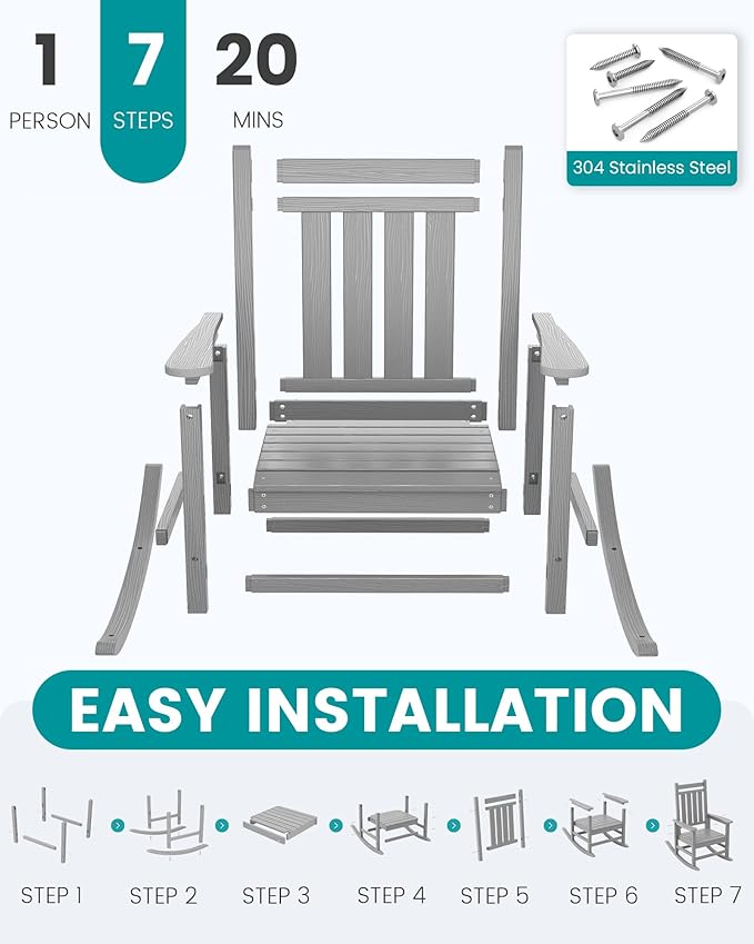 SERWALL Outdoor Rocking Chair for Adults, Sliver Gray | 21.1" Widened Seat adds - Image 6