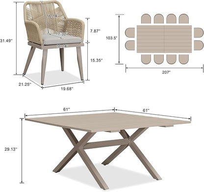 PURPLE LEAF 14 Pieces Outdoor Patio Dining Set All-Weather PE Rattan Furniture Set with All Aluminum Frame Sqaure Table and Chairs Set for 12 People Lawn Garden Backyard Deck, Champagne