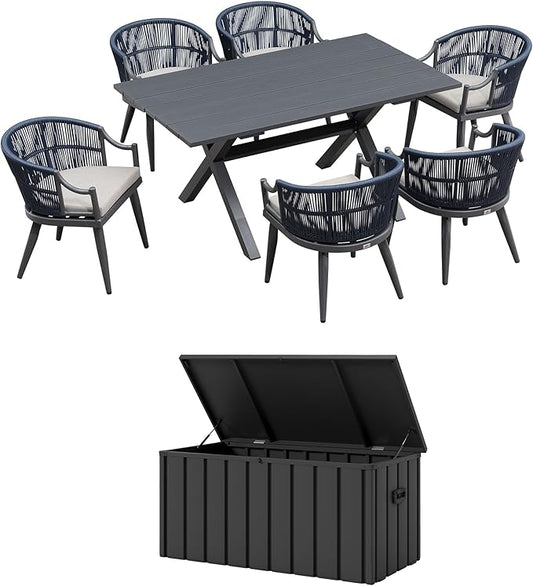 PURPLE LEAF Outdoor Dining Set for 6 with Storage Box All Weather Wicker Patio Dining Set with Rectangular Aluminum Table and Modern Armrest Dining Chairs for Garden Deck Backyard Kitchen, Grey