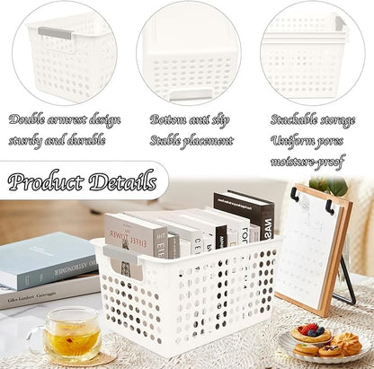 Plastic Storage Baskets, 4 Pack Narrow Organizing Baskets White Storage Bins With Handles Kitchen Storage Containers, Plastic Organizing Bins For Desk Garage Cabinet, 10.62 x 7.08 x 5.51 Inch