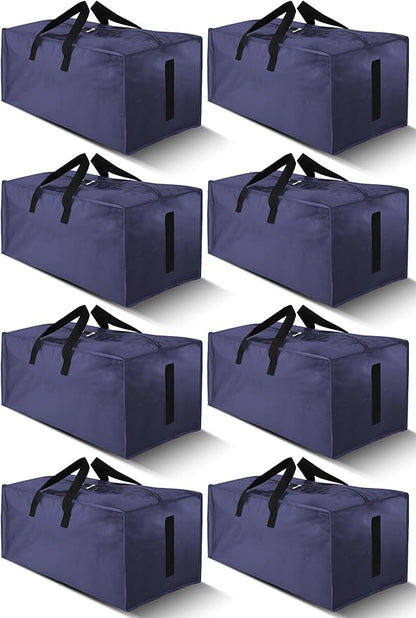 8 Pack Large Strong Moving Bags with Zippers & Carrying Handles - Water-Resistant - Heavy Duty Storage Tote for Space Saving, Fold Flat, Alternative to Moving Box (Blue)