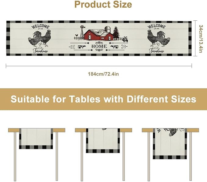 Rooster Table Runners, Black White Buffalo Plaid Rustic Cow Farm Animal Table Runner for Wedding Coffee Dining Table Party Home Farmhouse 13x90in