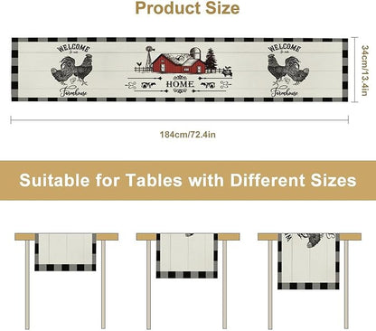 Rooster Table Runners, Black White Buffalo Plaid Rustic Cow Farm Animal Table Runner for Wedding Coffee Dining Table Party Home Farmhouse 13x120in
