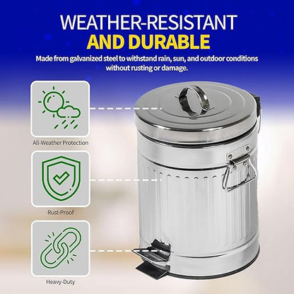 Pet Fit For Life 11" Tall Galvanized Steel Trash Can - Features Step Foot Pedal, Lid Lift - Plastic Inner Lining & Custom Liner Bags - Weather-Resistant, Covered Bin for Lawn & Yard (5L/1.3 Gallons)